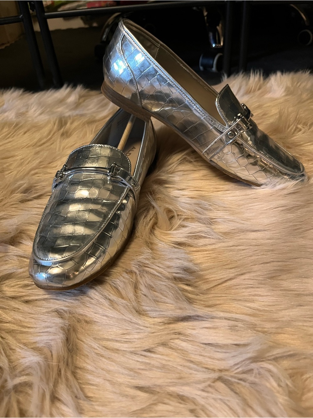 Aldo Metallic Silver Croc-Embossed Slip-On Loafers